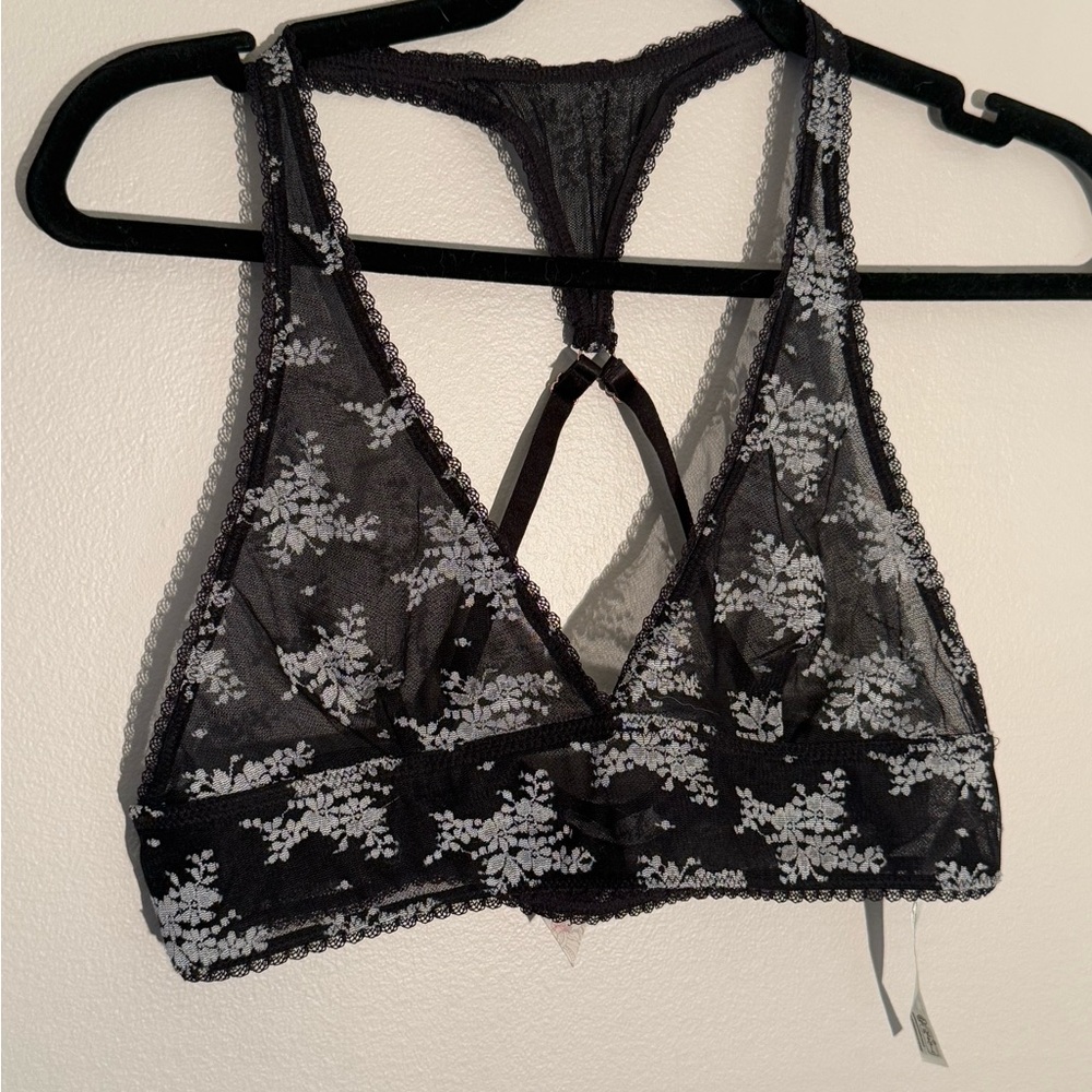 Free People Black Bralette with White Floral Embroidery